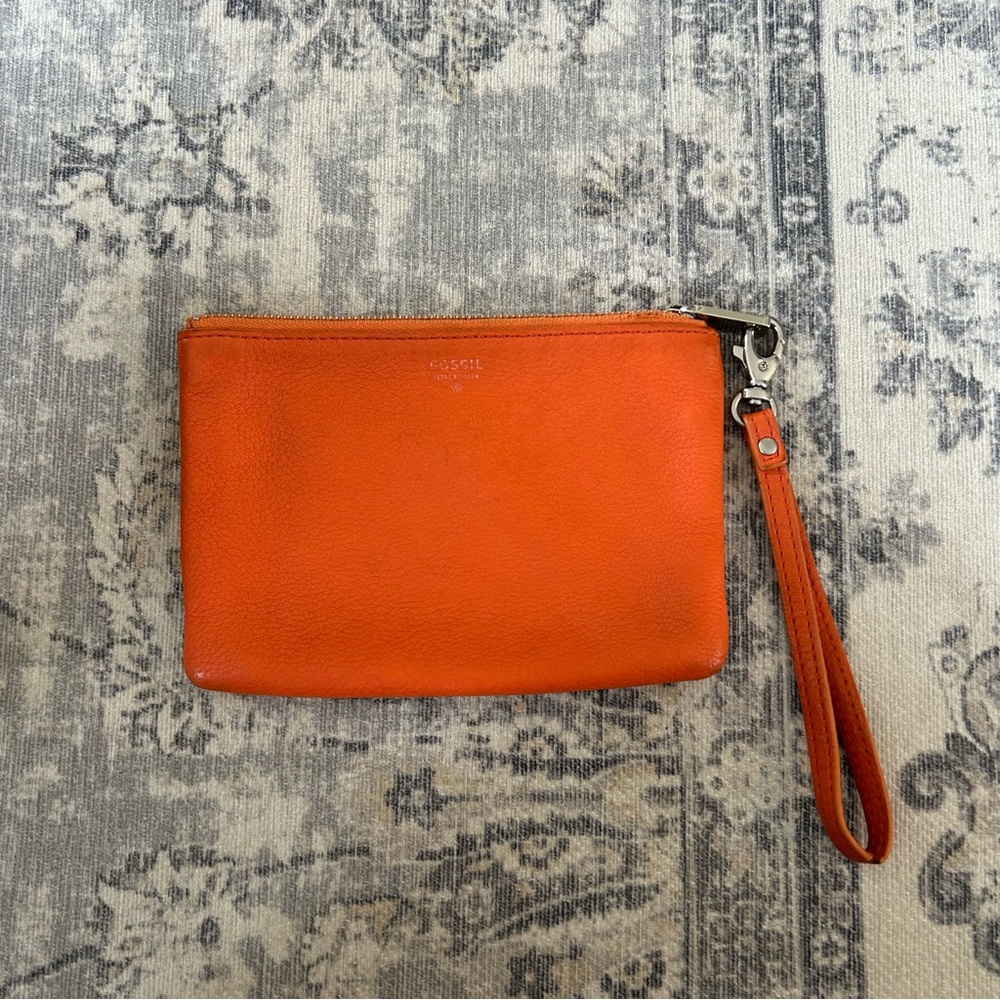 Fossil Leather Bright Orange Wristlet Pouch